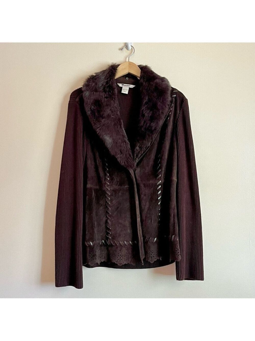 Nygard Collection Genuine Leather Sweater Jacket Rabbit Fur Collar Brown L Cabin